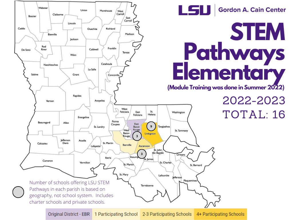 This image shows a map of Louisiana with the participating parishes highlighted in shades of yellow. The data shows that we are serving 16 schools this year. For more detailed information, please email stempathways@lsu.edu.