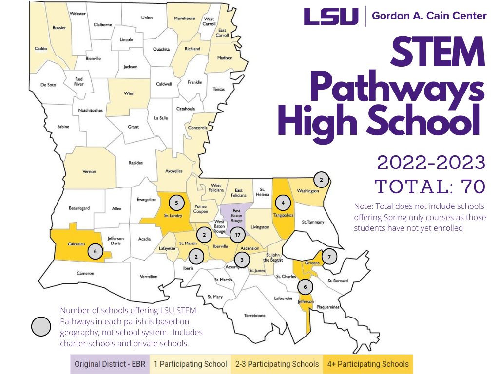 This image shows a map of Louisiana with the participating parishes highlighted in shades of yellow. The data shows that we are serving 70 schools this year. For more detailed information, please email stempathways@lsu.edu.