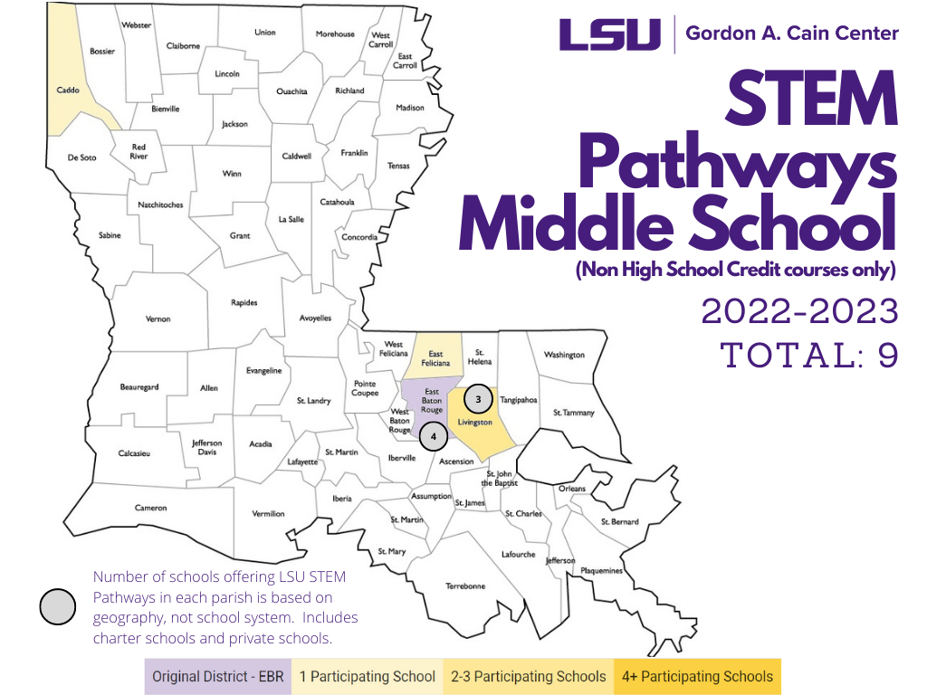 This image shows a map of Louisiana with the participating parishes highlighted in shades of yellow. The data shows that we are serving 9 schools this year. For more detailed information, please email stempathways@lsu.edu.