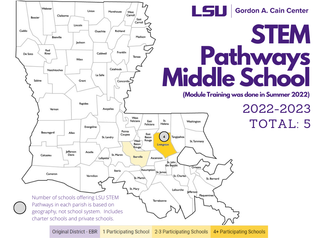 This image shows a map of Louisiana with the participating parishes highlighted in shades of yellow. The data shows that we are serving 5 schools this year. For more detailed information, please email stempathways@lsu.edu.